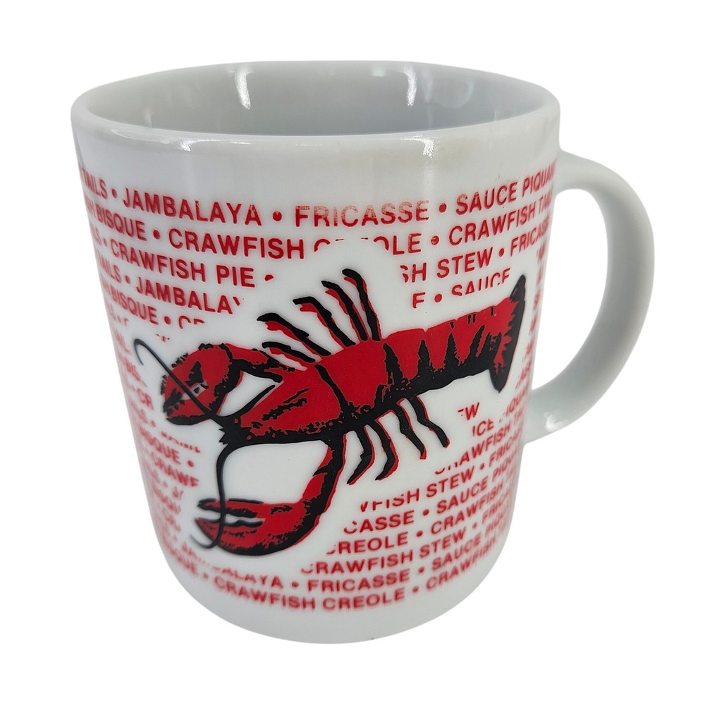 Vtg Crawfish recipe‎ mug souvenir novelty Louisiana Creole Jambalaya Red & White